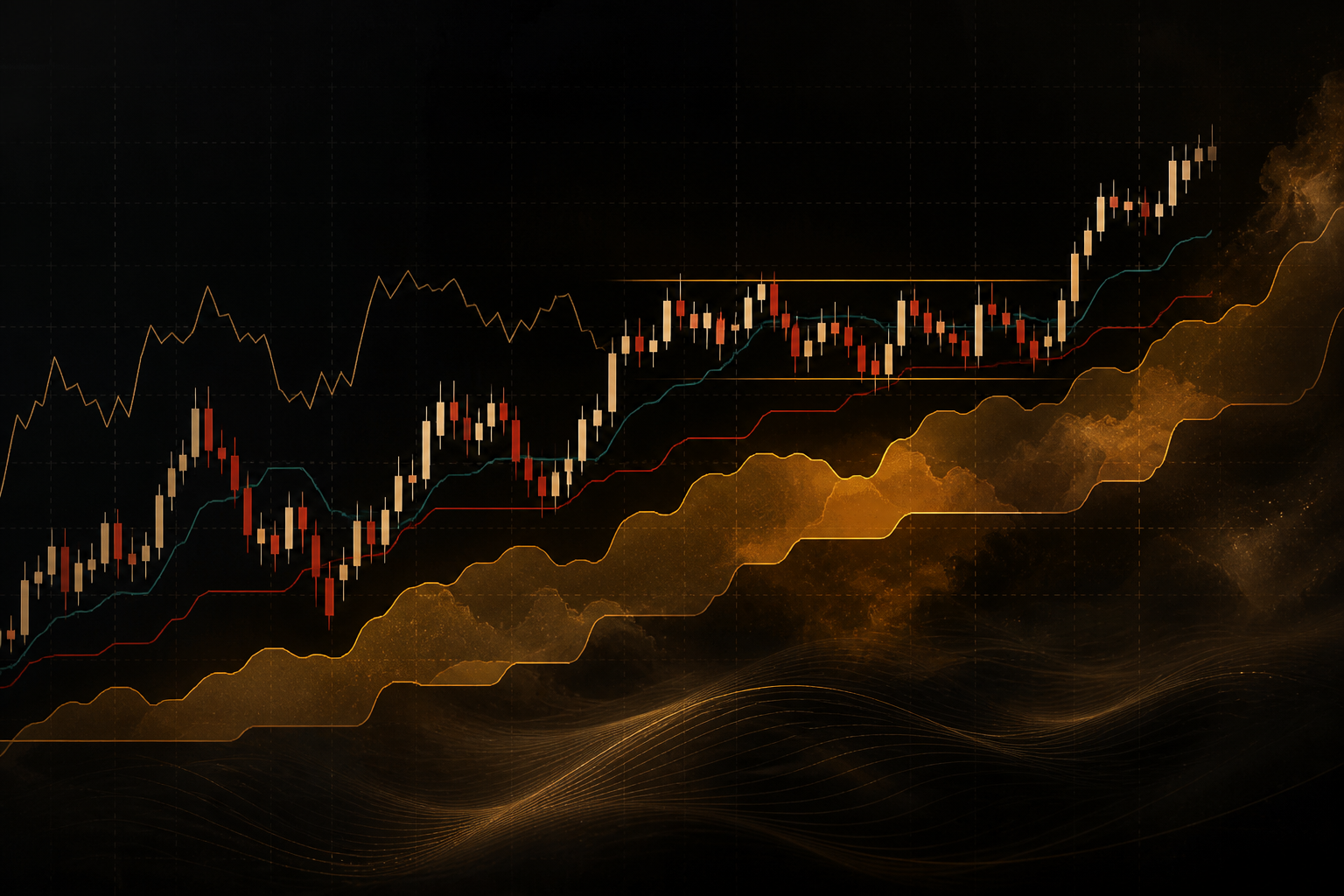 Gráfico Ichimoku estilizado mostrando consolidação e rompimento