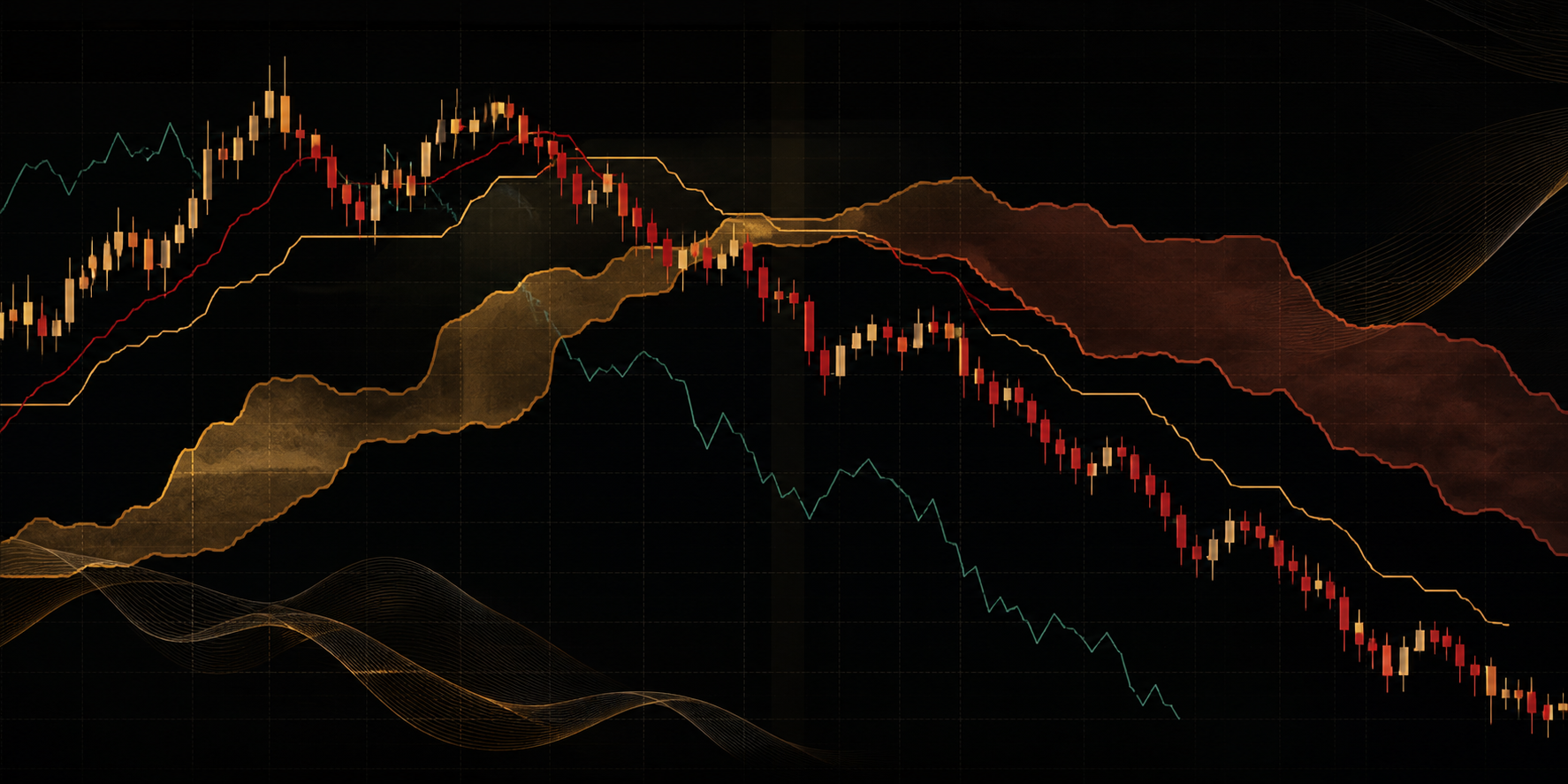 Gráfico Ichimoku estilizado mostrando uma reversão através da torção da nuvem